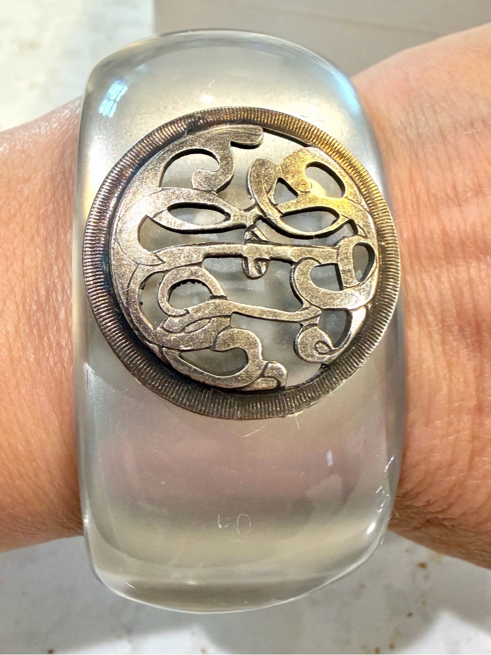 Vintage John Wind Resin Clamper Monogram Bracelet JWP Frosted Acrylic Cuff Box
